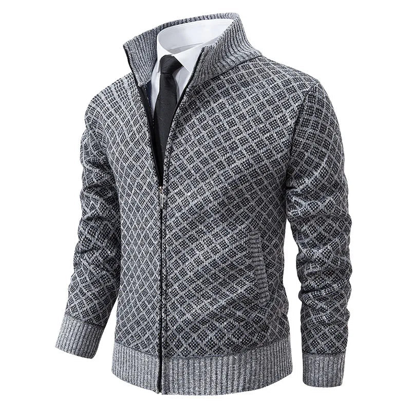 Marceau Veste en Tricot Zippée à Carreaux avec Col Montant pour Temps Froid - Hommfer