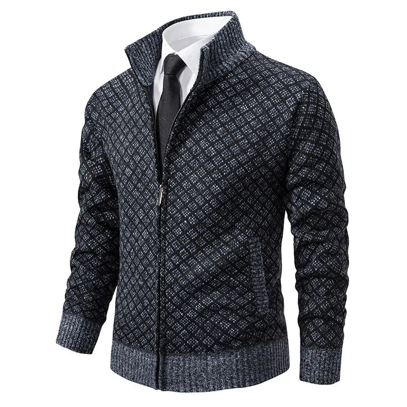 Marceau Veste en Tricot Zippée à Carreaux avec Col Montant pour Temps Froid - Hommfer