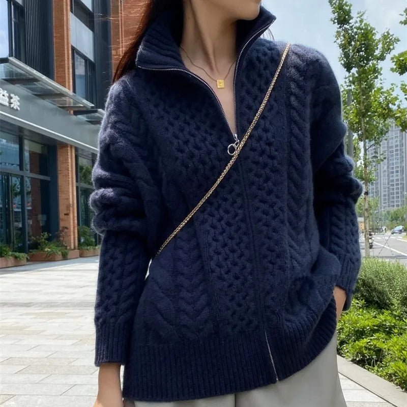 Maren Gilet zippé en cachemire à col roulé maille torsadée épaisse pour l’hiver coupe oversize - Hommfer