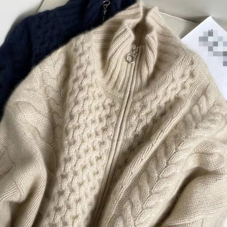 Maren Gilet zippé en cachemire à col roulé maille torsadée épaisse pour l’hiver coupe oversize - Hommfer