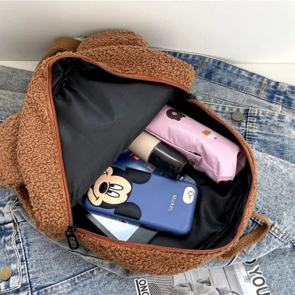 Milo Sac à dos en peluche douce avec oreilles d’ours et poche avant zippée pour les sorties - Hommfer