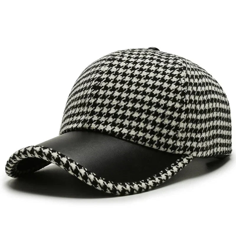 Monceau Casquette en laine pied-de-poule avec visière en cuir véritable réglable pour un ajustement personnalisé - Hommfer