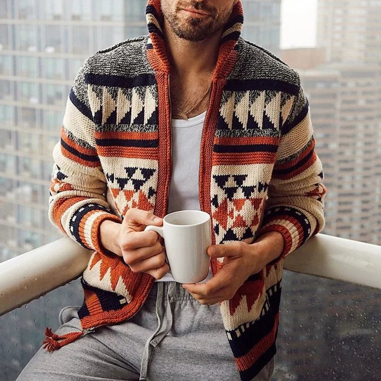Renan Cardigan zippé en maille épaisse tricoté à la main avec patchwork géométrique pour l’hiver - Hommfer