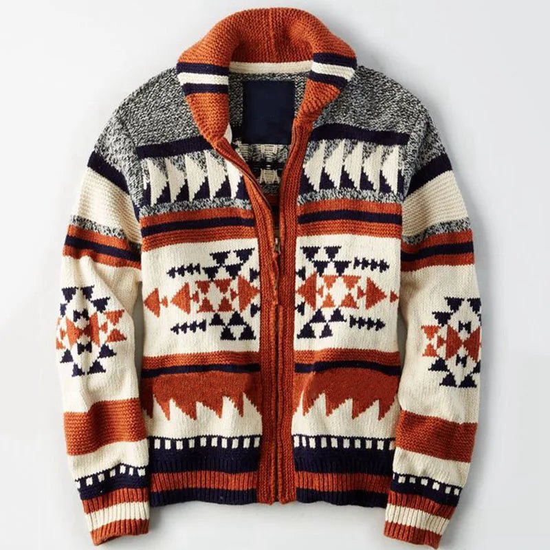 Renan Cardigan zippé en maille épaisse tricoté à la main avec patchwork géométrique pour l’hiver - Hommfer