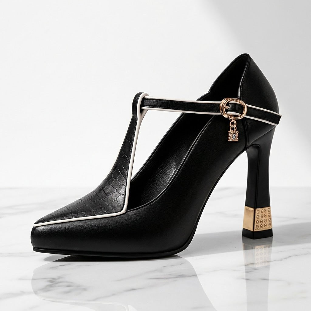 Rhea Pointed-Toe T-Strap Block-Heel Pumps in Smooth Vegan Leather with Cushioned Footbed - Hommfer