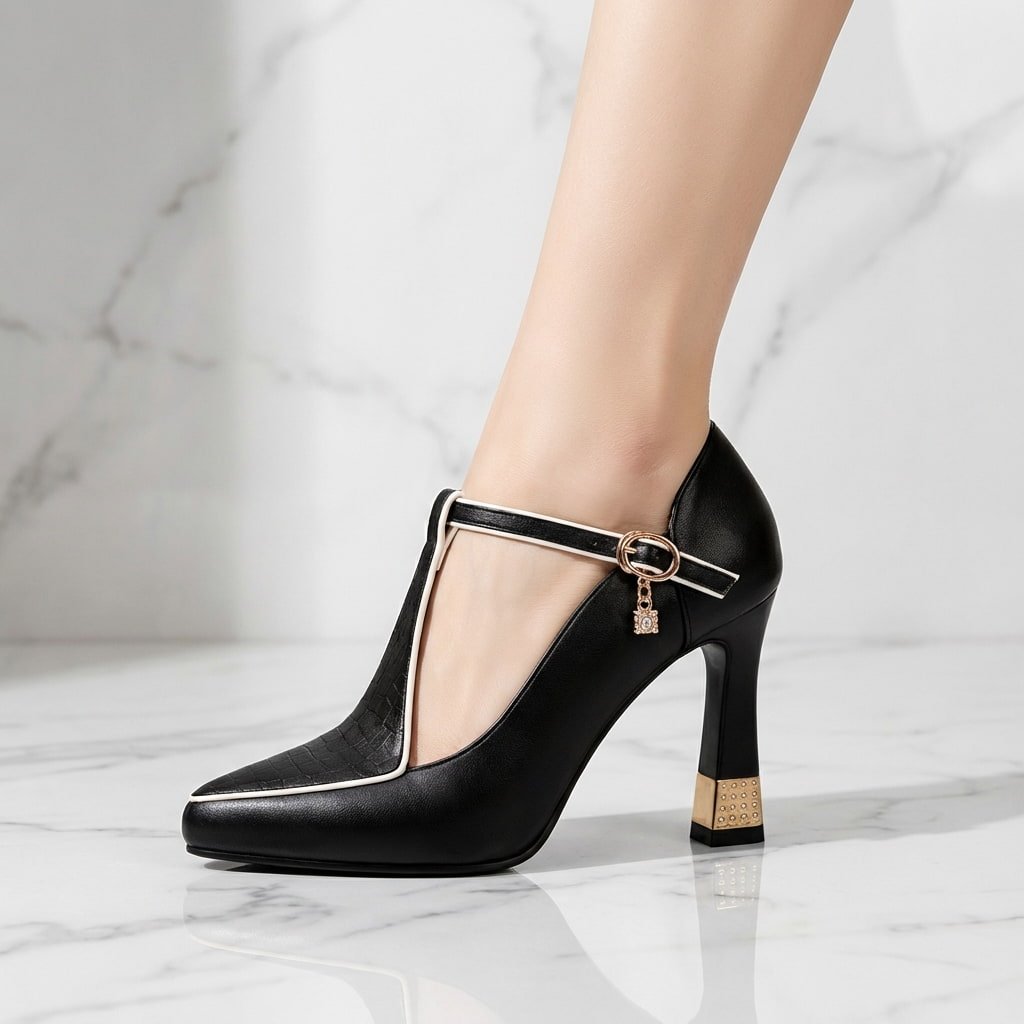 Rhea Pointed-Toe T-Strap Block-Heel Pumps in Smooth Vegan Leather with Cushioned Footbed - Hommfer
