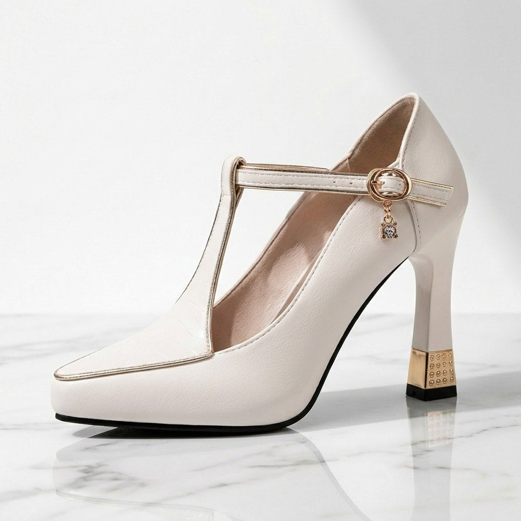 Rhea Pointed-Toe T-Strap Block-Heel Pumps in Smooth Vegan Leather with Cushioned Footbed - Hommfer