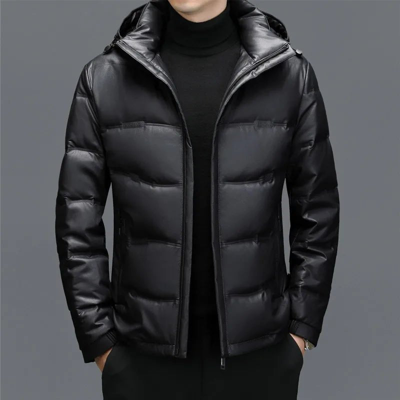 Rivage Doudoune en cuir de mouton véritable avec garnissage en duvet de canard à 90 % pour l’hiver et capuche amovible - Hommfer