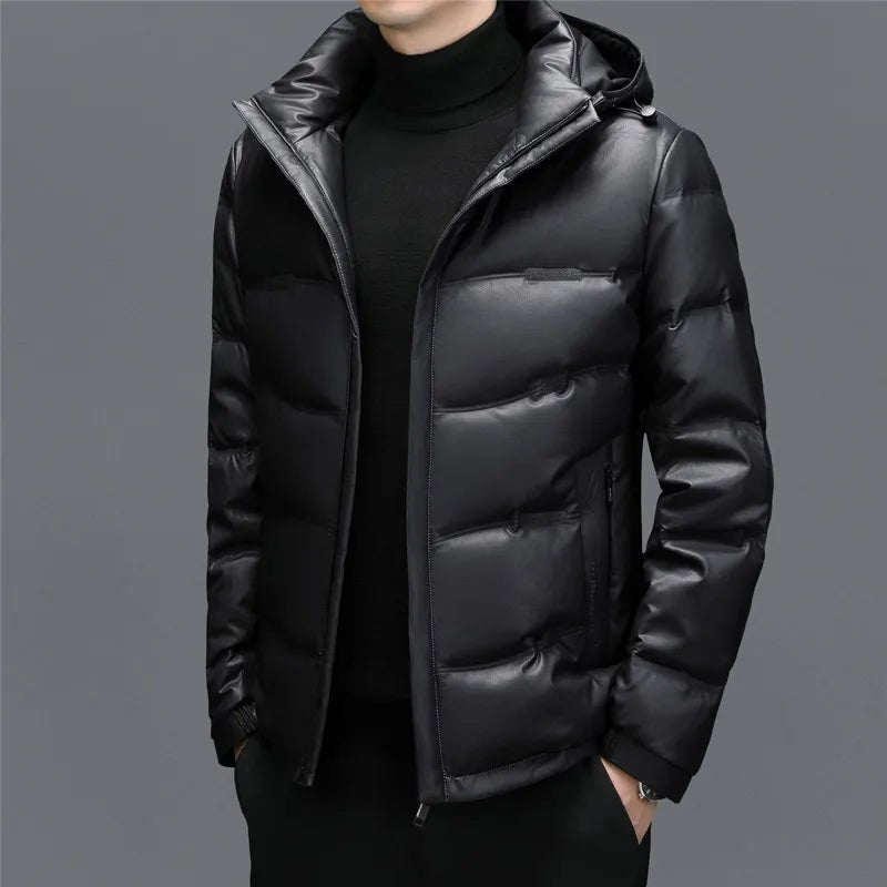 Rivage Doudoune en cuir de mouton véritable avec garnissage en duvet de canard à 90 % pour l’hiver et capuche amovible - Hommfer