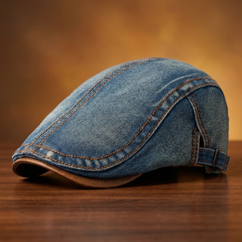 Rowan Flat Cap in Cotton Denim with Adjustable Back Strap and Lined Interior - Hommfer