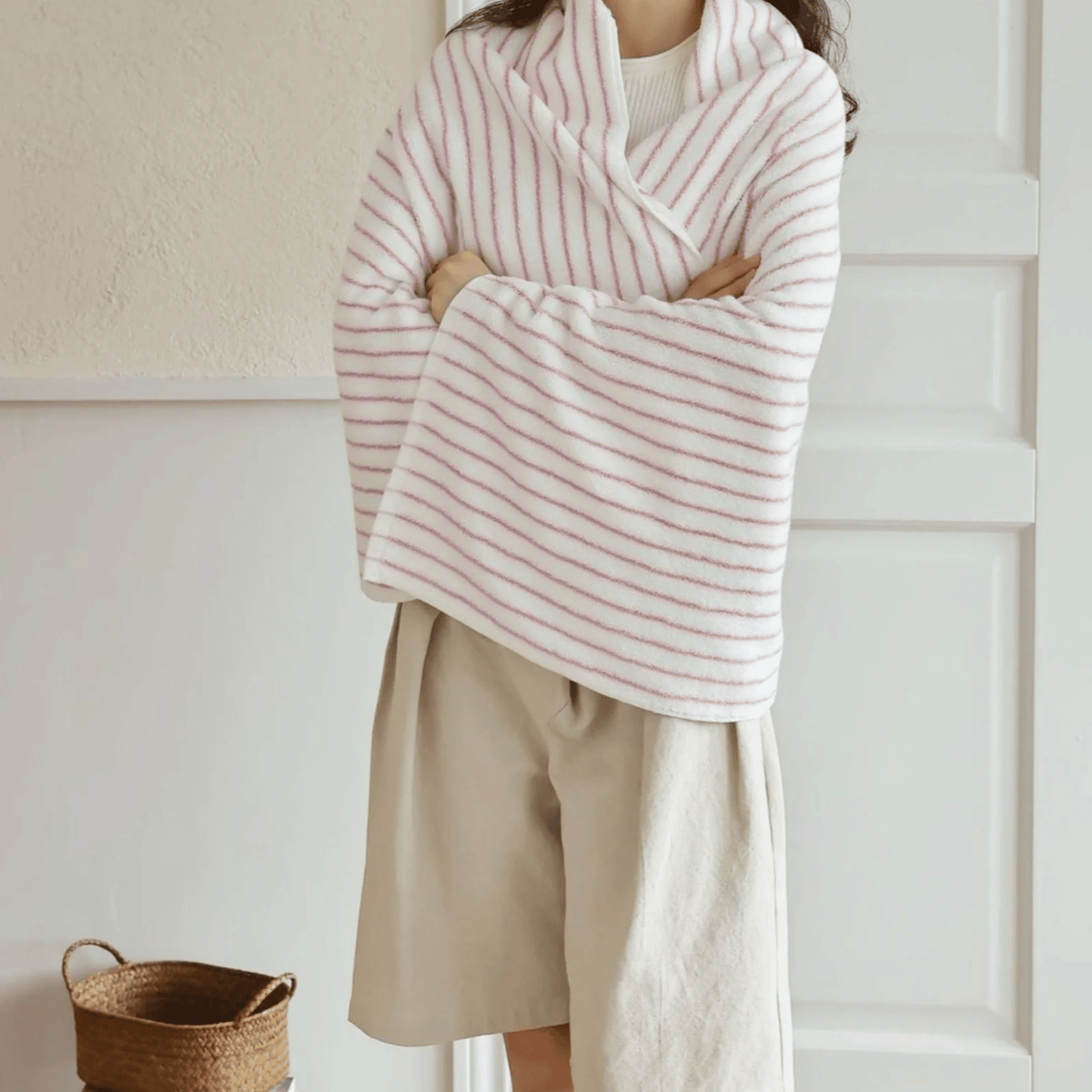 Serviette de bain ou de visage 100 % coton peigné à rayures roses et blanches, douce et absorbante - Hommfer
