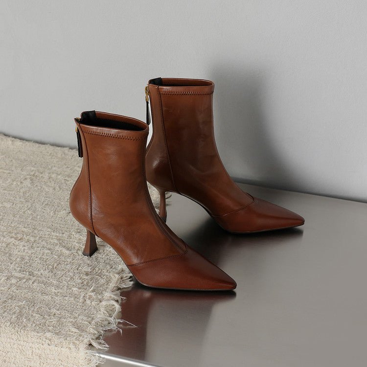 Solène Bottes à talon en cuir de mouton à bout pointu, talon fin 3 pouces, fermeture éclair à l’arrière - Hommfer