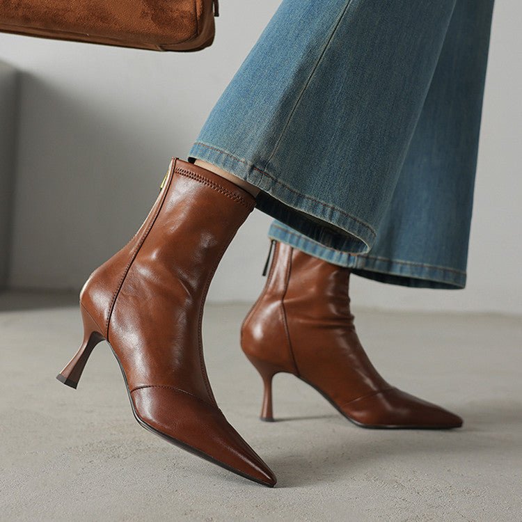 Solène Bottes à talon en cuir de mouton à bout pointu, talon fin 3 pouces, fermeture éclair à l’arrière - Hommfer