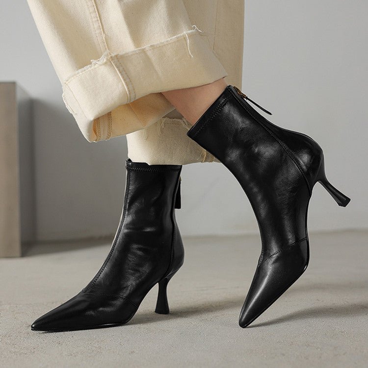 Solène Bottes à talon en cuir de mouton à bout pointu, talon fin 3 pouces, fermeture éclair à l’arrière - Hommfer