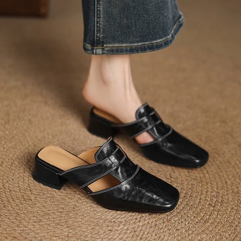 Soline Mules en cuir de mouton véritable à bout carré et talon bloc 4 cm pour un confort respirant toute la journée - Hommfer