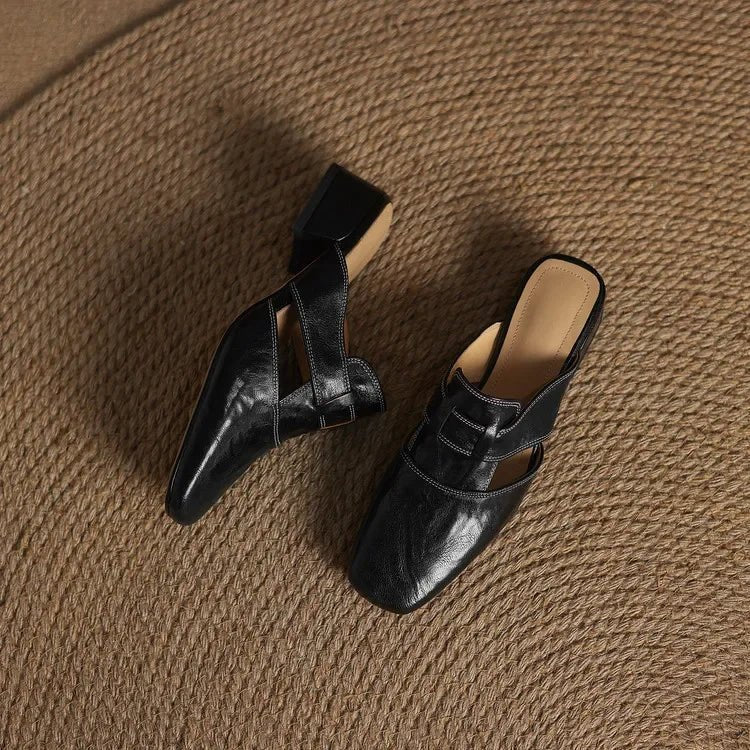 Soline Mules en cuir de mouton véritable à bout carré et talon bloc 4 cm pour un confort respirant toute la journée - Hommfer