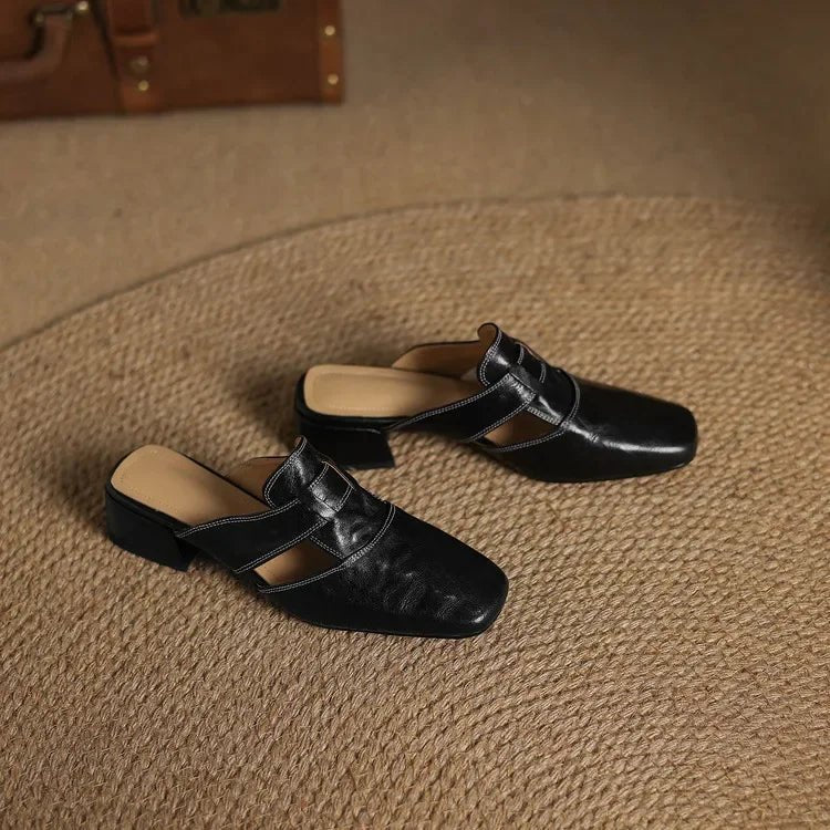 Soline Mules en cuir de mouton véritable à bout carré et talon bloc 4 cm pour un confort respirant toute la journée - Hommfer
