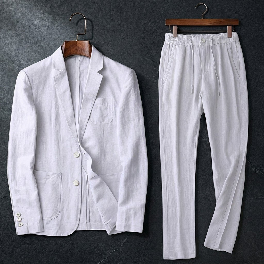 Valmer Ensemble Blazer et Pantalon en Lin et Coton Respirant pour l’Été à Coupe Décontractée - Hommfer