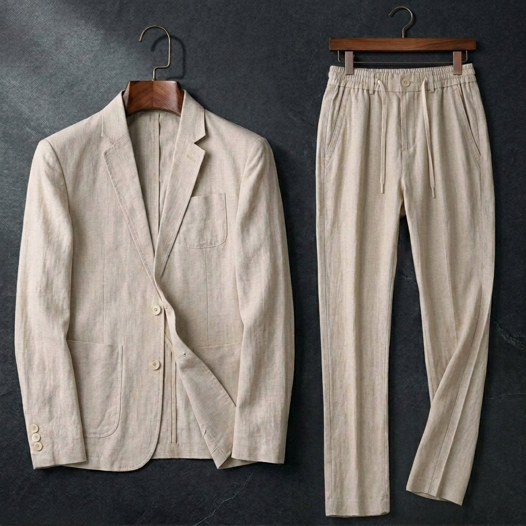 Valmer Ensemble Blazer et Pantalon en Lin et Coton Respirant pour l’Été à Coupe Décontractée - Hommfer