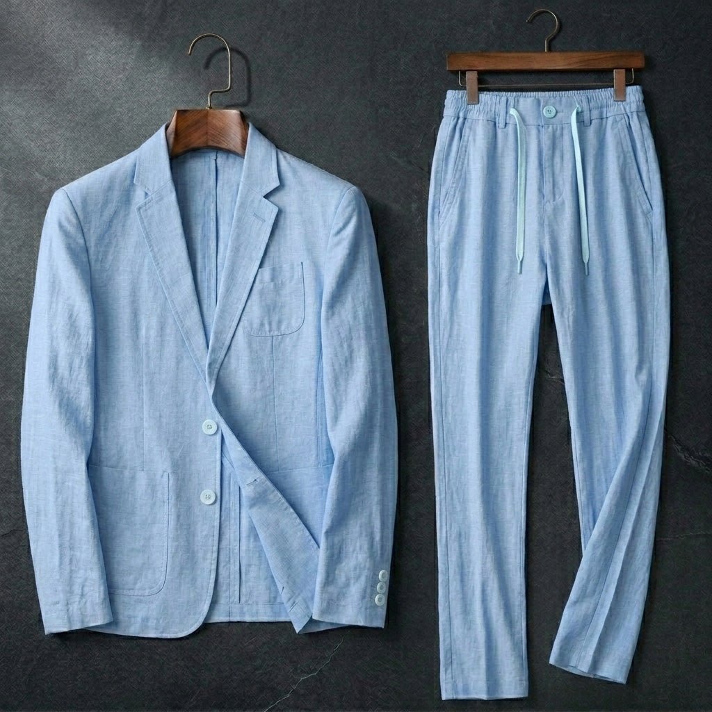 Valmer Ensemble Blazer et Pantalon en Lin et Coton Respirant pour l’Été à Coupe Décontractée - Hommfer