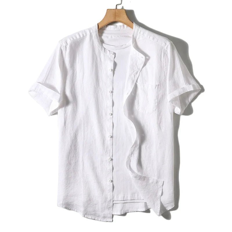 Valmont Chemise en Lin 100% à Col Mao, Respirante avec Poche Avant pour l’été - Hommfer