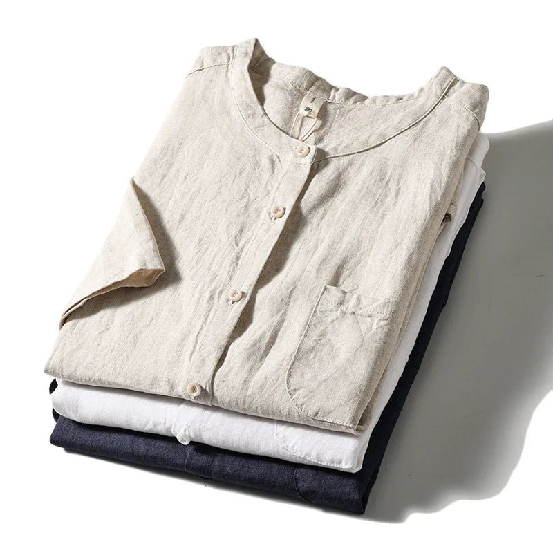 Valmont Chemise en Lin 100% à Col Mao, Respirante avec Poche Avant pour l’été - Hommfer