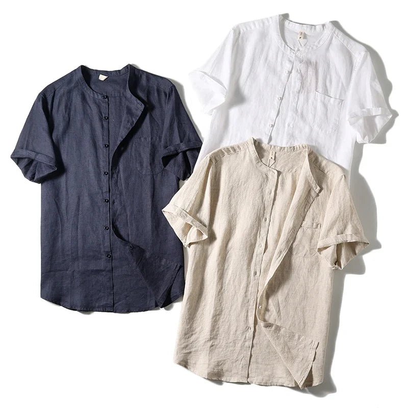 Valmont Chemise en Lin 100% à Col Mao, Respirante avec Poche Avant pour l’été - Hommfer