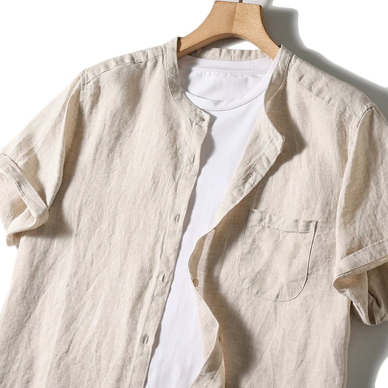 Valmont Chemise en Lin 100% à Col Mao, Respirante avec Poche Avant pour l’été - Hommfer