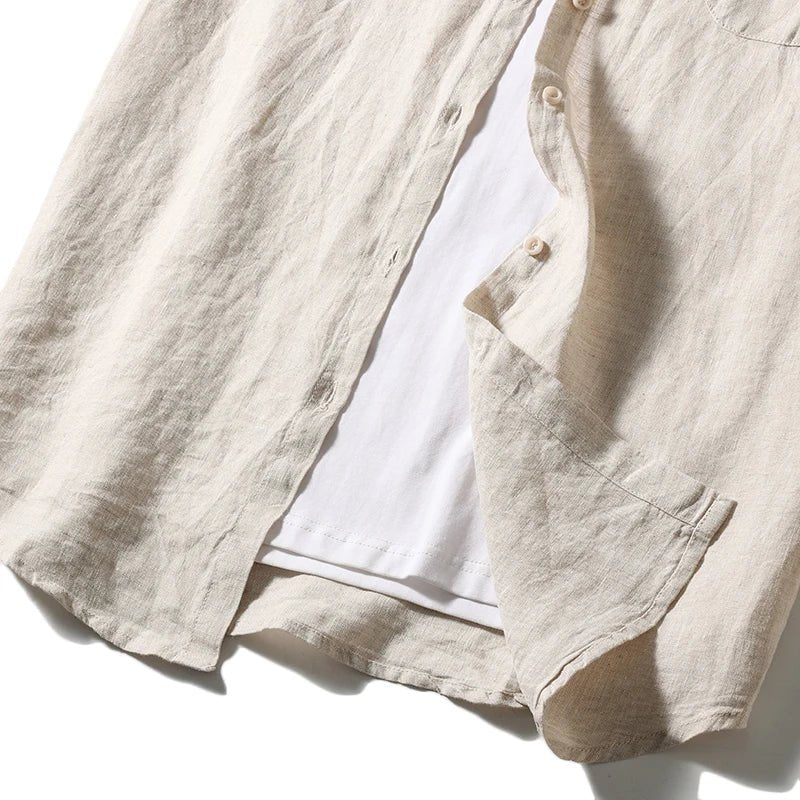 Valmont Chemise en Lin 100% à Col Mao, Respirante avec Poche Avant pour l’été - Hommfer