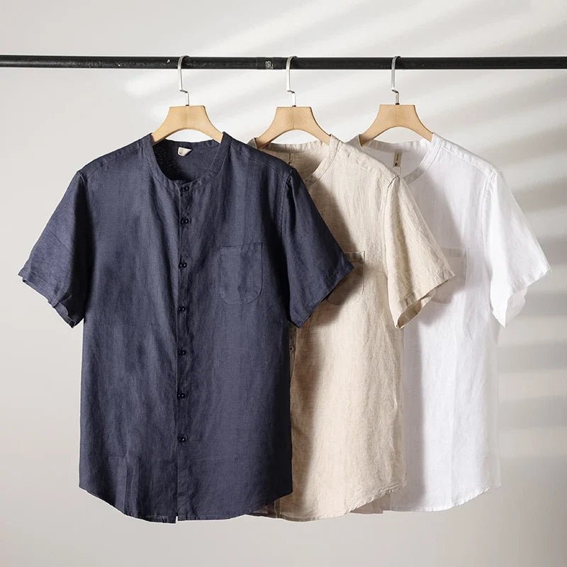 Valmont Chemise en Lin 100% à Col Mao, Respirante avec Poche Avant pour l’été - Hommfer