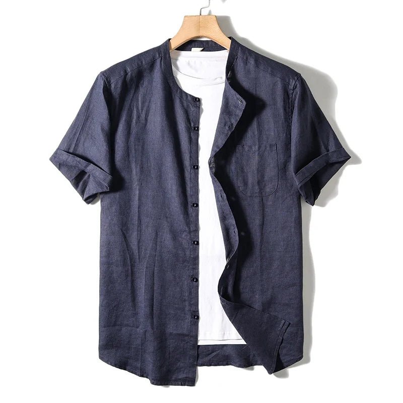 Valmont Chemise en Lin 100% à Col Mao, Respirante avec Poche Avant pour l’été - Hommfer