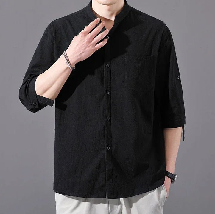 Varenne Chemise à Col Mandarin en Mélange de Coton Lavé pour Confort Respirant par Temps Chaud - Hommfer