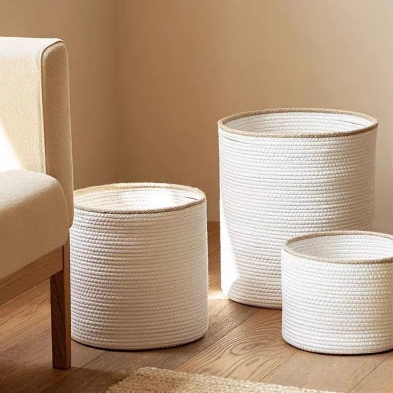 Panier de rangement rond tissé à la main en corde de coton, blanc avec bord beige, 3 tailles