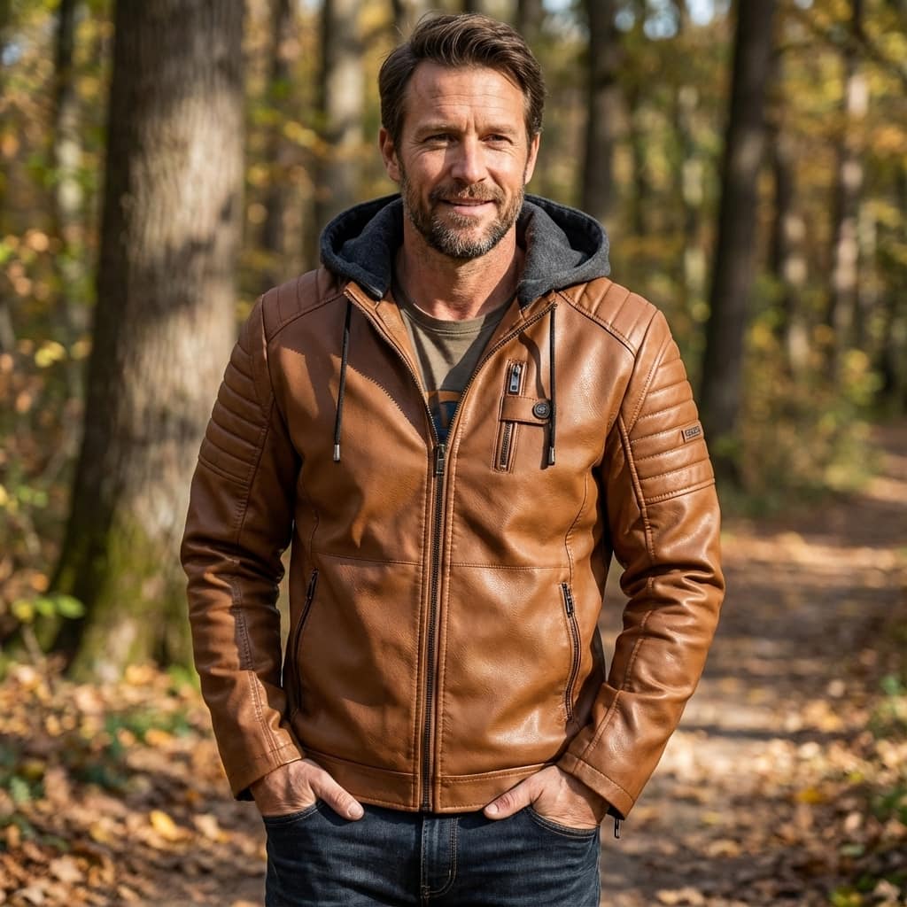 Arden Veste style motard en cuir vegan à capuche amovible avec doublure polaire et poches zippées - Hommfer