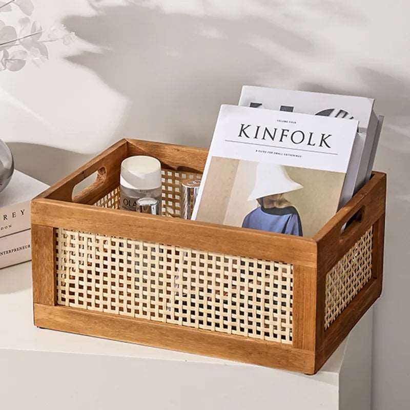 Boîte de rangement en rotin naturel et bois massif pour organiser votre espace, 2 tailles - Hommfer