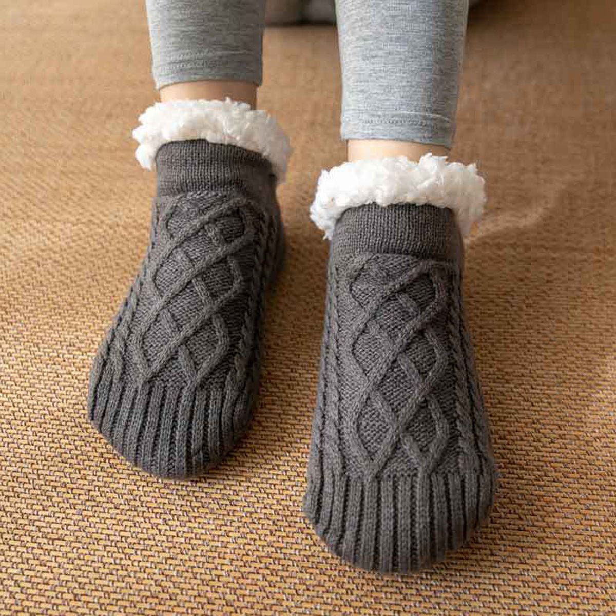 Chaussettes d’intérieur en polaire brossée à semelles antidérapantes, maille torsadée - Hommfer