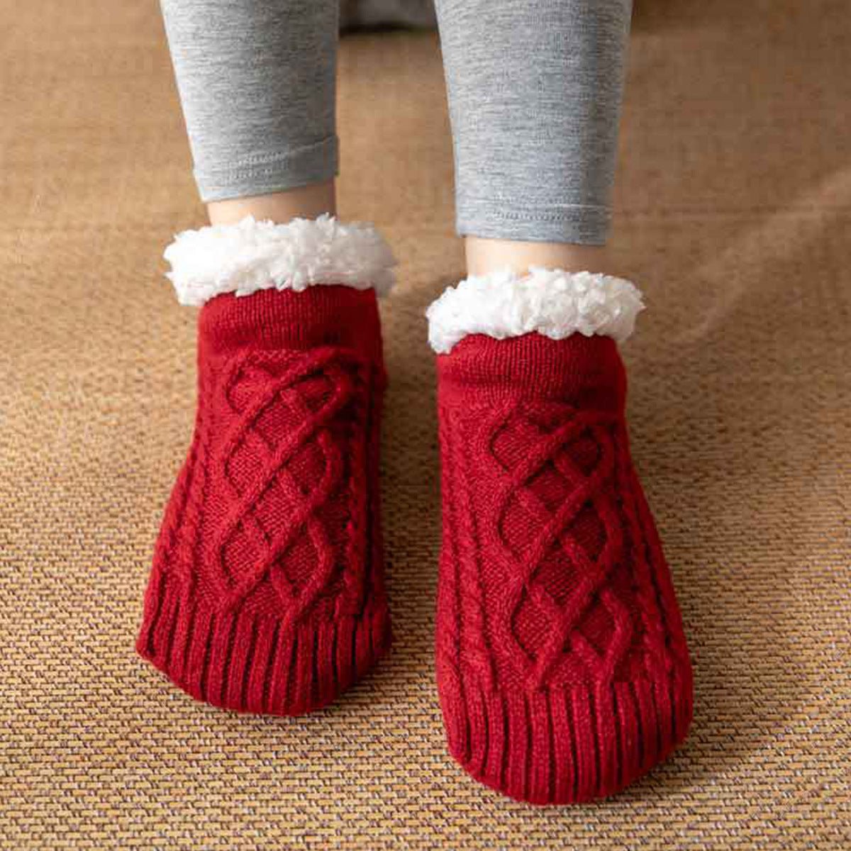 Chaussettes d’intérieur en polaire brossée à semelles antidérapantes, maille torsadée - Hommfer