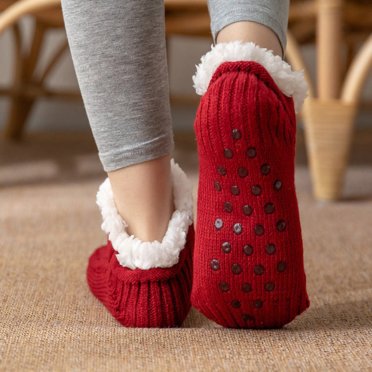 Chaussettes d’intérieur en polaire brossée à semelles antidérapantes, maille torsadée - Hommfer