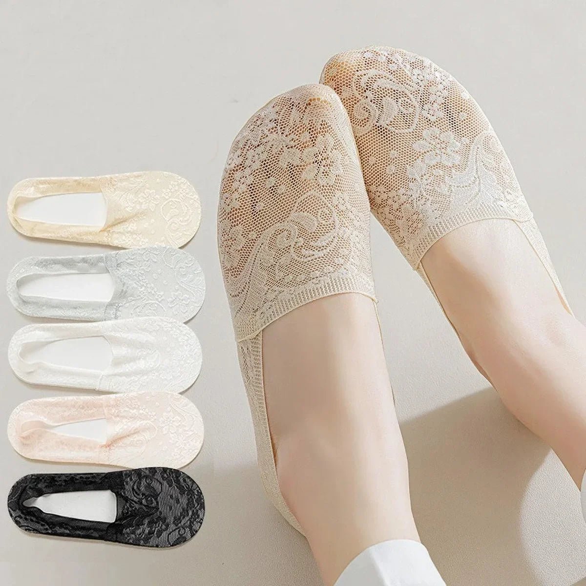 Chaussettes invisibles à dentelle florale avec semelle en coton respirant et talon antiglisse en silicone - Hommfer