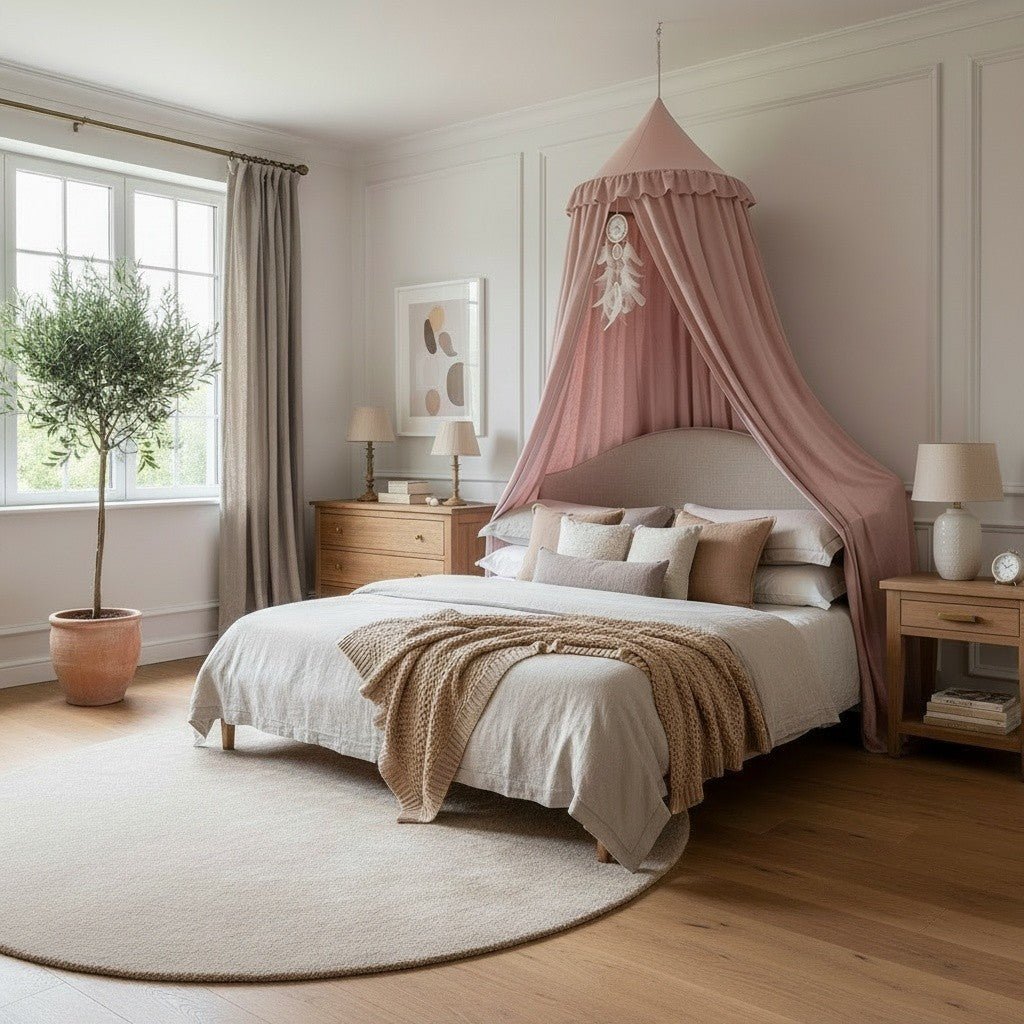 Ciel de lit enfant en coton polyester avec franges et volants, atténue la lumière, blanc, rose et gris - Hommfer