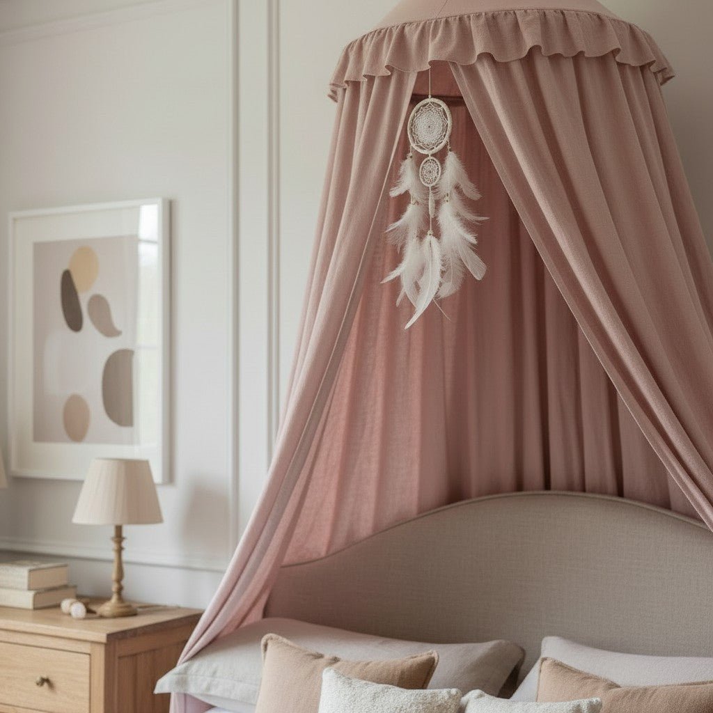 Ciel de lit enfant en coton polyester avec franges et volants, atténue la lumière, blanc, rose et gris - Hommfer