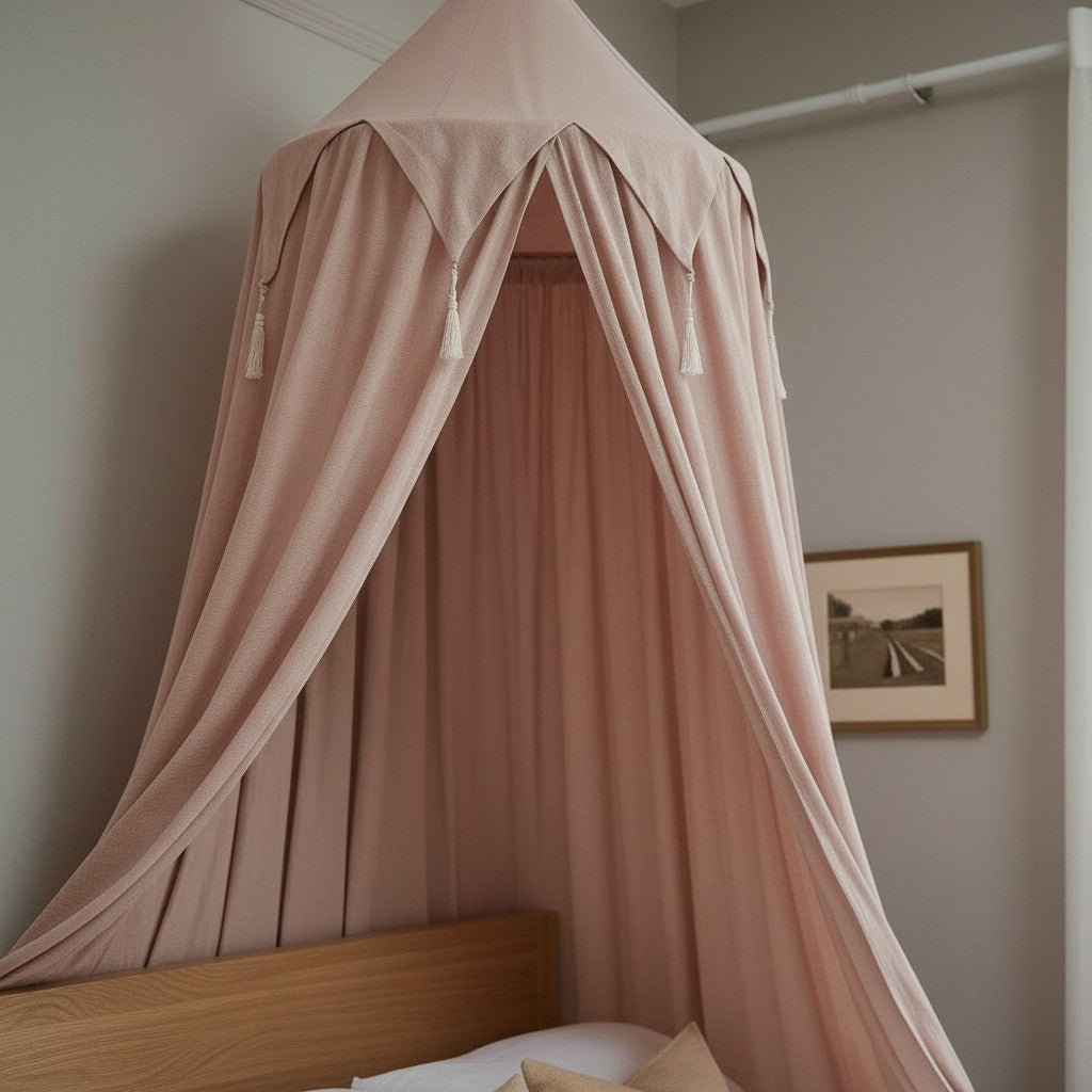Ciel de lit enfant en coton polyester avec franges et volants, atténue la lumière, blanc, rose et gris - Hommfer