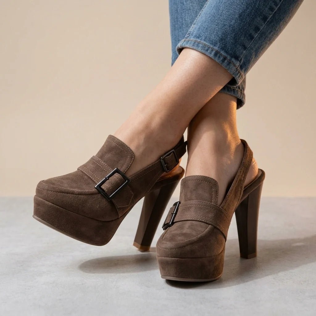 Elara Slingback Block Heels in Suede with Platform for Height and Cushioned Comfort - Hommfer