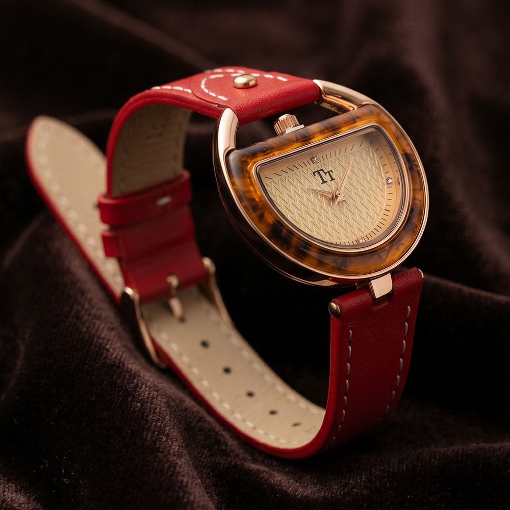 Élise Montre femme en cuir véritable 32 mm, accents en or rose, quartz japonais, étanche 30 m - Hommfer