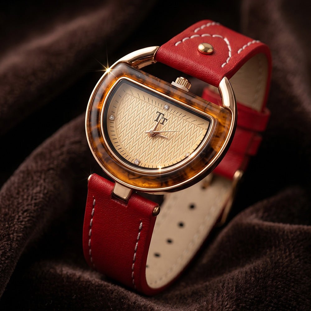 Élise Montre femme en cuir véritable 32 mm, accents en or rose, quartz japonais, étanche 30 m - Hommfer