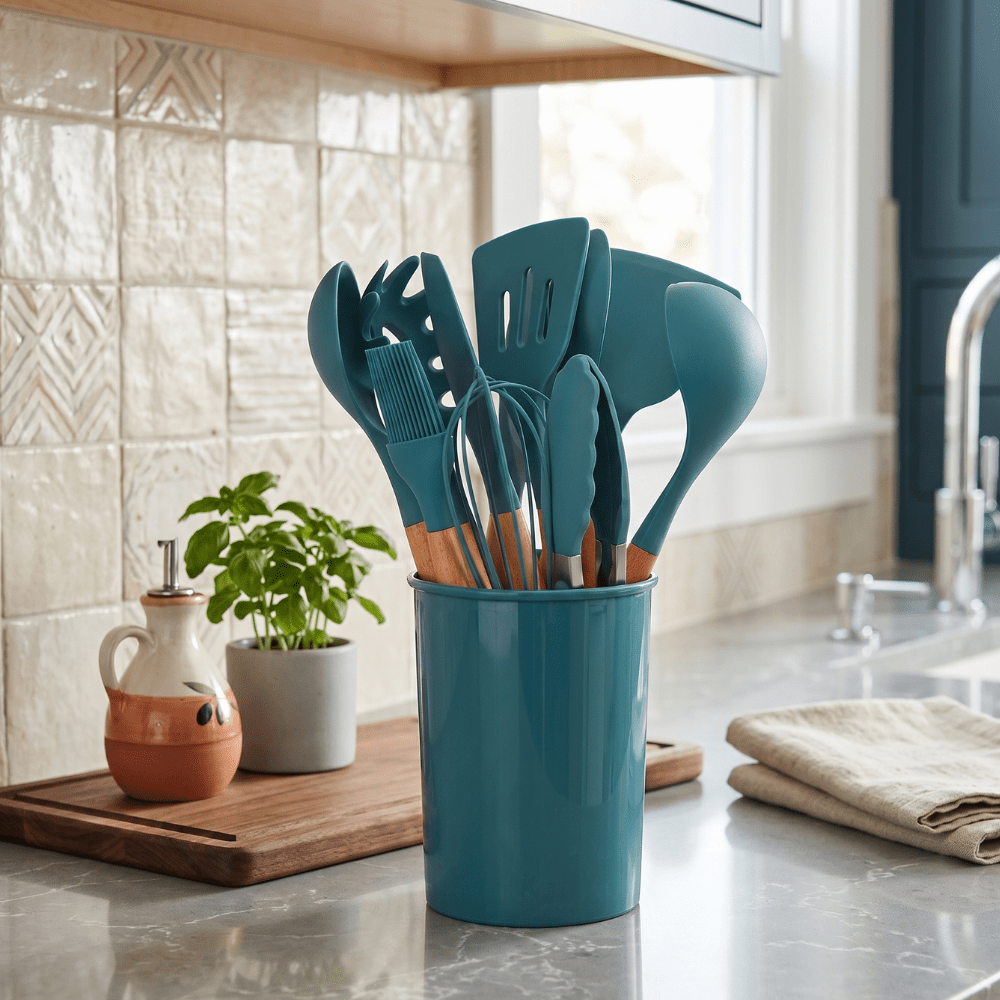 Ensemble 12 pièces d’ustensiles de cuisine en silicone résistant à la chaleur avec manches en bambou et pot de rangement - Hommfer