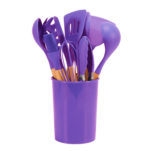 Ensemble 12 pièces d’ustensiles de cuisine en silicone résistant à la chaleur avec manches en bambou et pot de rangement - Hommfer