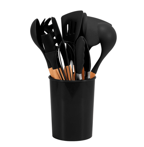 Ensemble 12 pièces d’ustensiles de cuisine en silicone résistant à la chaleur avec manches en bambou et pot de rangement - Hommfer