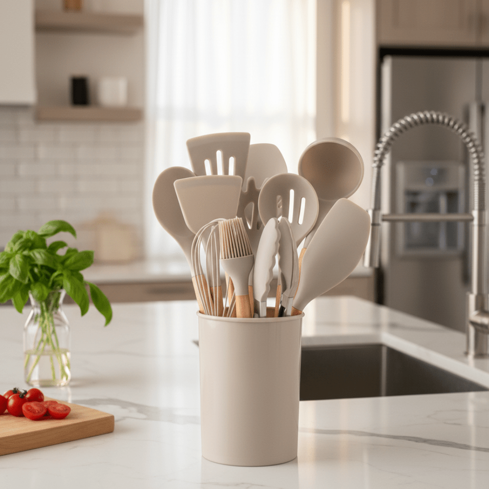 Ensemble 12 pièces d’ustensiles de cuisine en silicone résistant à la chaleur avec manches en bambou et pot de rangement - Hommfer