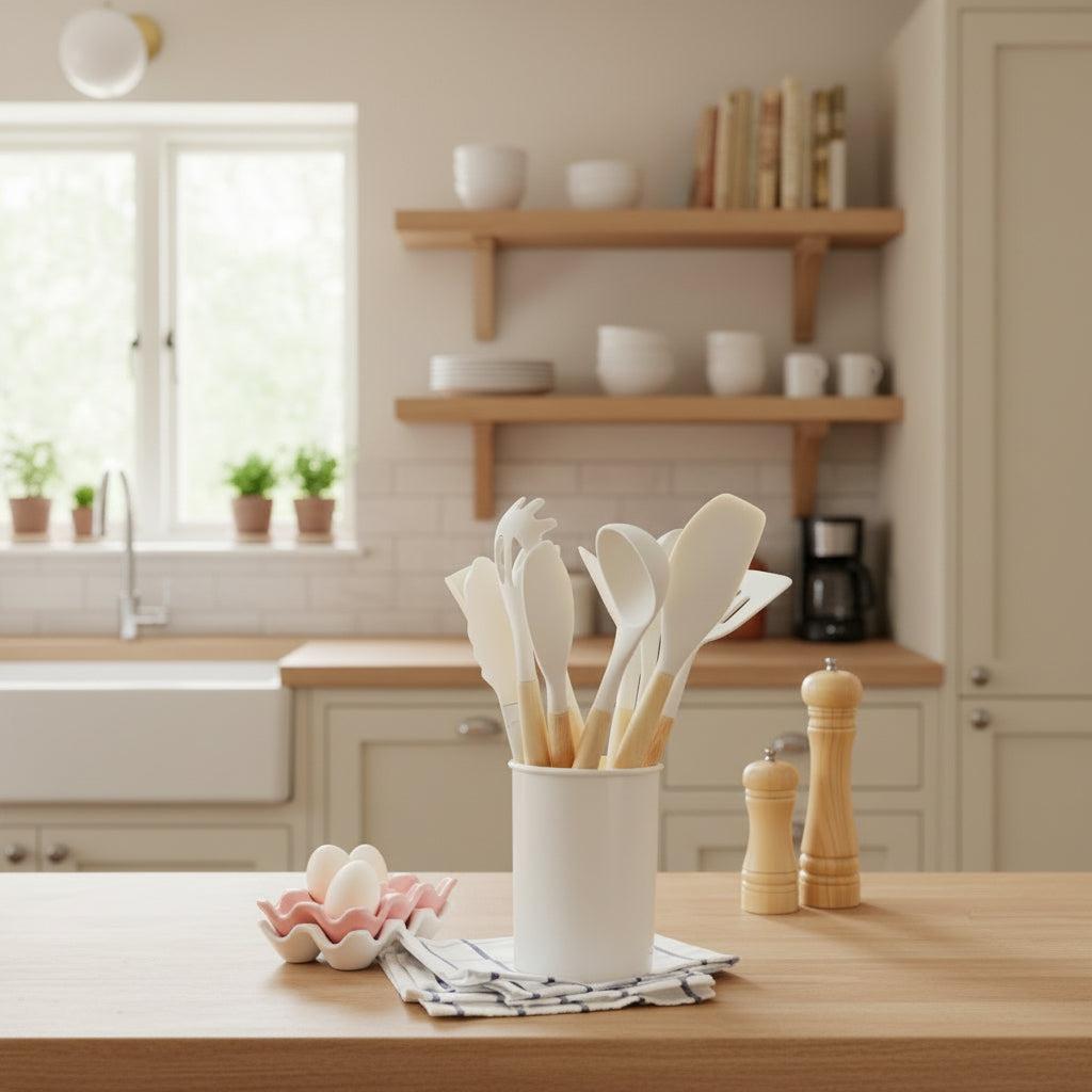Ensemble 12 pièces d’ustensiles de cuisine en silicone résistant à la chaleur avec manches en bambou et pot de rangement - Hommfer